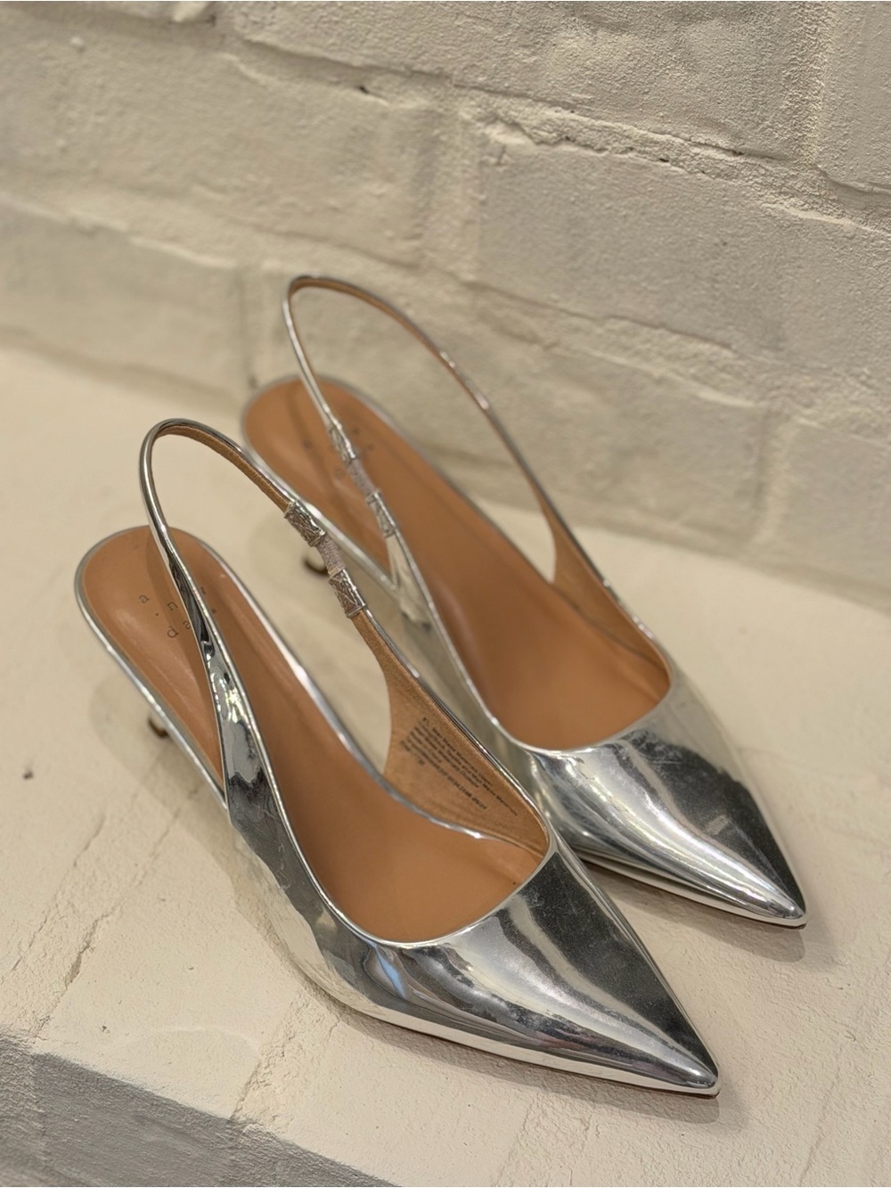 Silver Pointed-Toe Slingback Heels
